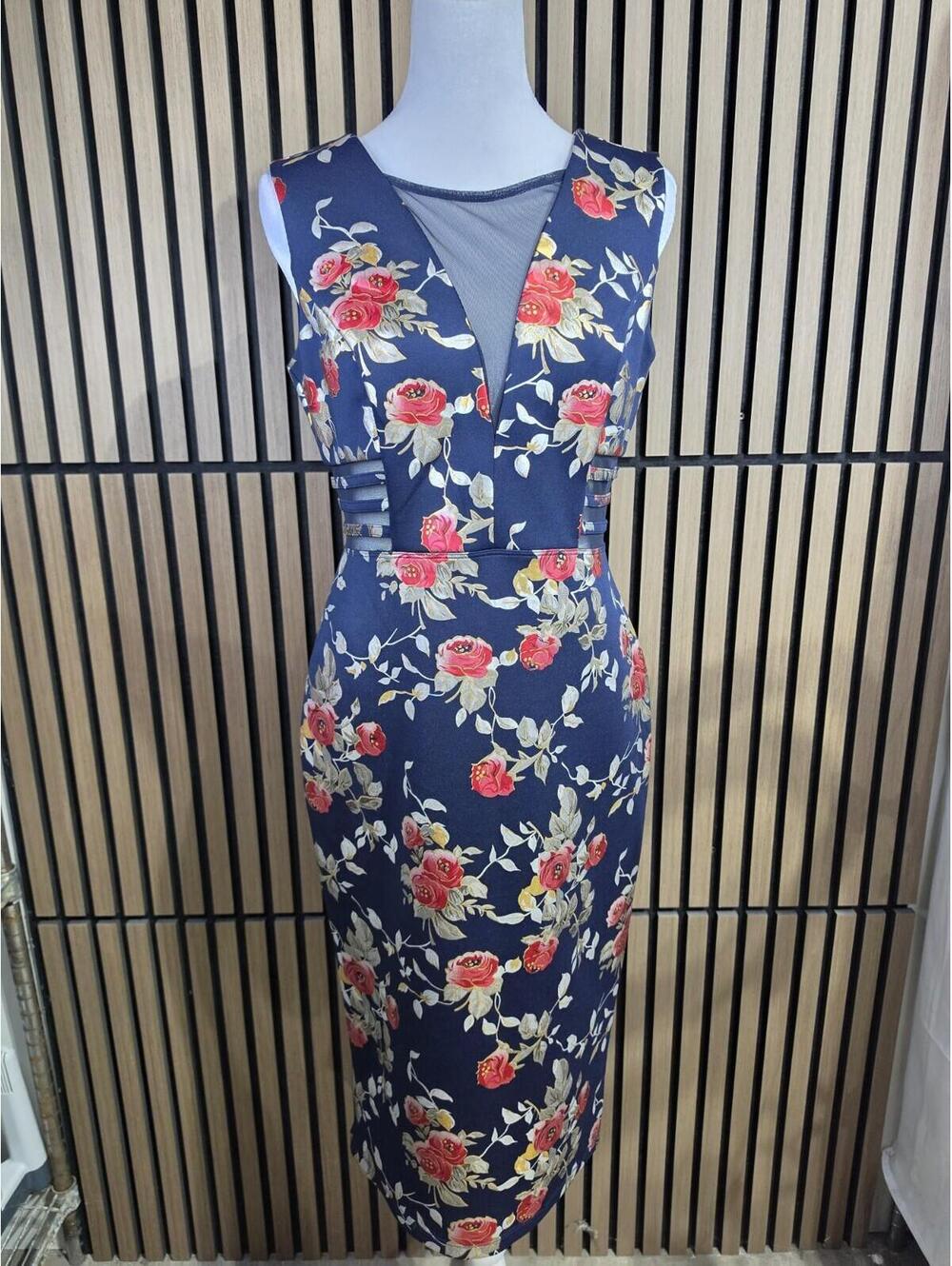 En Focus Studio Navy Floral Sheath Dress 8 V-Neck Sleeveless Knee Knit Zip